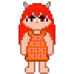 Sprite of our system's host, Satoki. She has reddish-scarlet hair. Their right eye is pink, and their left eye is red. Fox has horns coming out of fox's head. She is wearing an orange dress with a flower print.