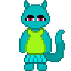 Sprite of Vihreääketty, or Vihre for short. They have teal fur. They have deep pink eyes and are wearing a green tank top with a blue skirt.