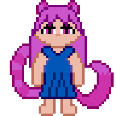 A sprite of my headmate, Wamo. She has purple hair and eyes. Her ears and tails are also purple, albeit a bit more vibrant. They are wearing a blue dress.