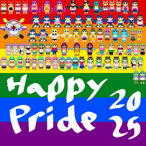 This year's pride art. It features all the pride sprites that we've made! 'Happy Pride 2025' is written near the bottom. The background is the pride flag.