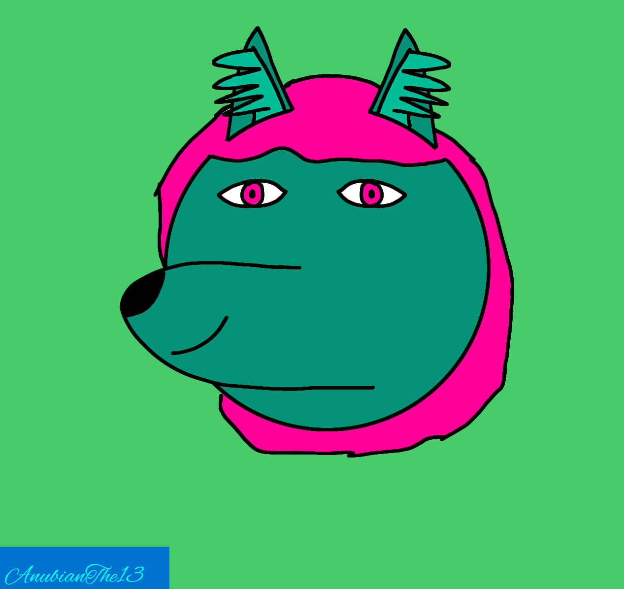 Head bust of Vihreääketty in front of a green background. Anubian's signature is in the bottom left corner.