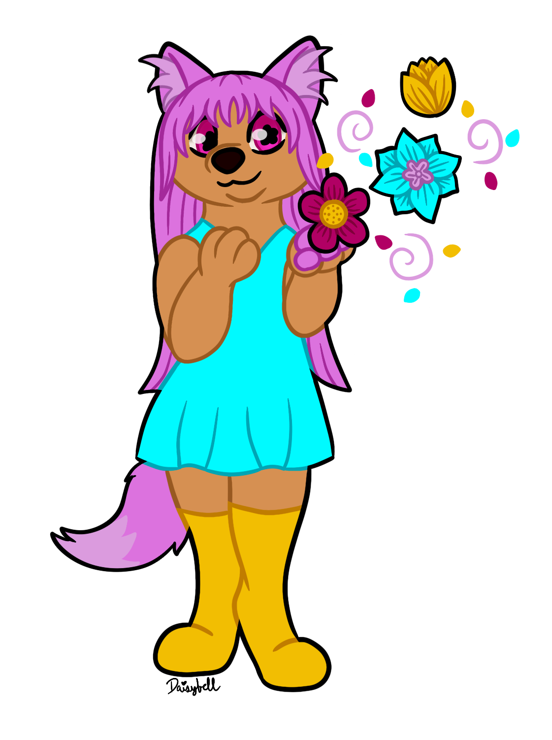 Ragiähl demonstrating flowers ability with flowers emerging from her left paw.