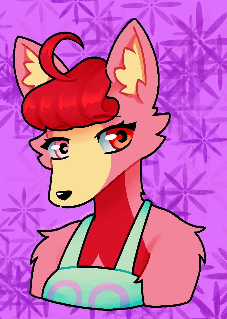Youko looking to her left against a purple floral background.